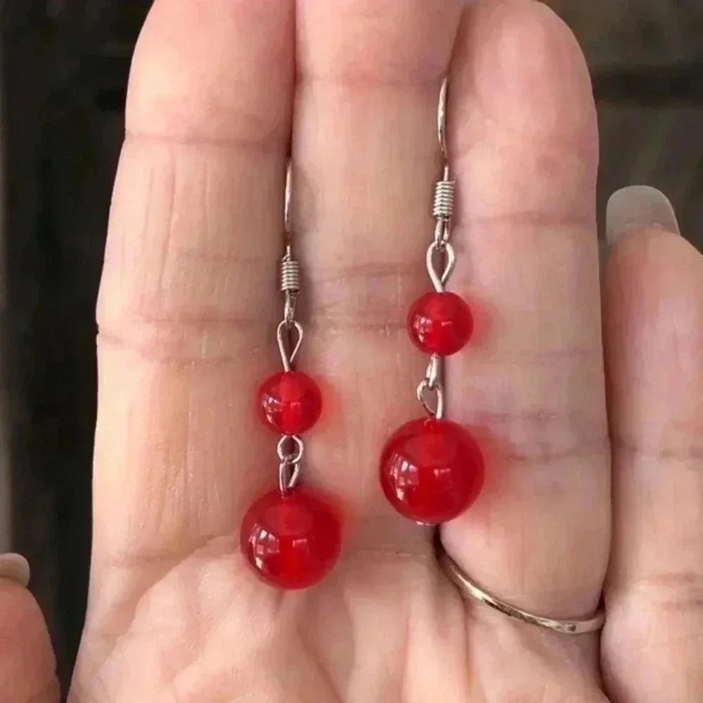 Red Tourmaline 10mm & 6mm Double Bead Silver Drop Earrings NWT